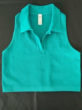 Teal Ribbed Sleeveless Polo Crop Top - Size L - NWOT